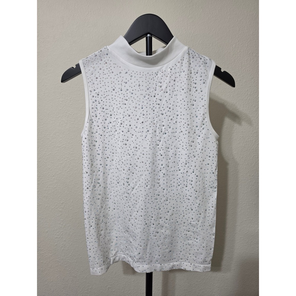 Chances R Womens White Rhinestone Mock Neck Sleeveless Top Size S/M RN101962